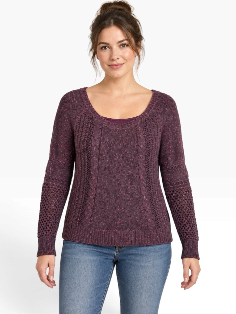 American Eagle Outfitters Plum Cable-Knit Scoop Neck Sweater Womens Size Large